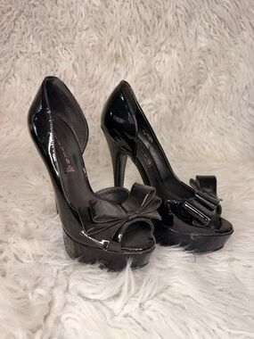 Patent Leather Black Peep-Toe Heels with Bow